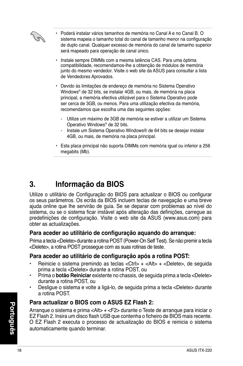 Informação da bios, Português, Para actualizar o bios com o asus ez flash 2 | Asus ITX-220 User Manual | Page 18 / 38