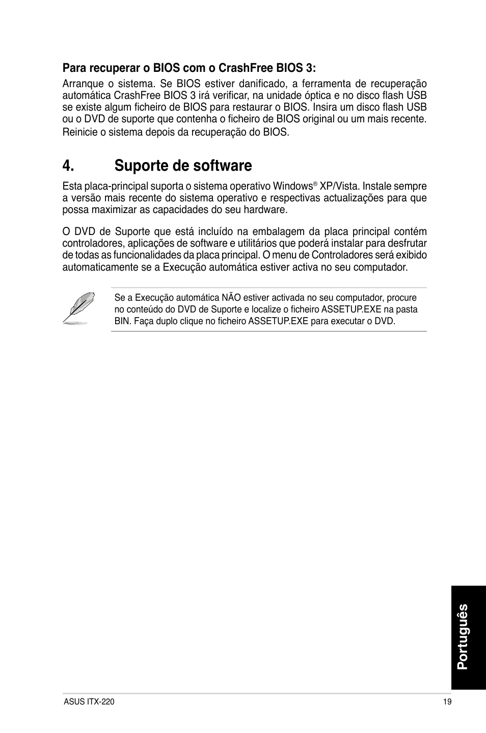 Suporte de software, Português | Asus ITX-220 User Manual | Page 19 / 38