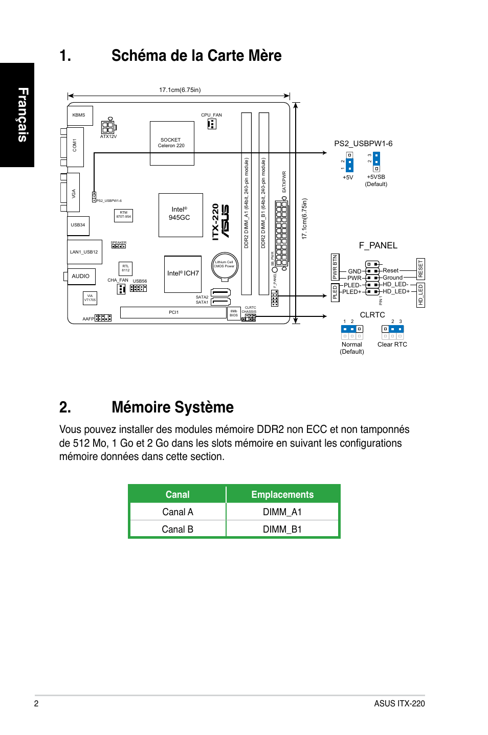 Schéma de la carte mère, Mémoire système, Français | Canal emplacements canal a dimm_a1 canal b dimm_b1, F_panel, 2asus itx-220, Itx-220, Ps2_usbpw1-6 | Asus ITX-220 User Manual | Page 2 / 38