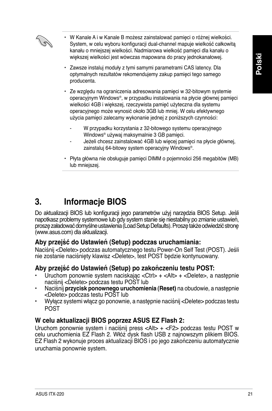 Informacje bios, Polski, W celu aktualizacji bios poprzez asus ez flash 2 | Asus ITX-220 User Manual | Page 21 / 38