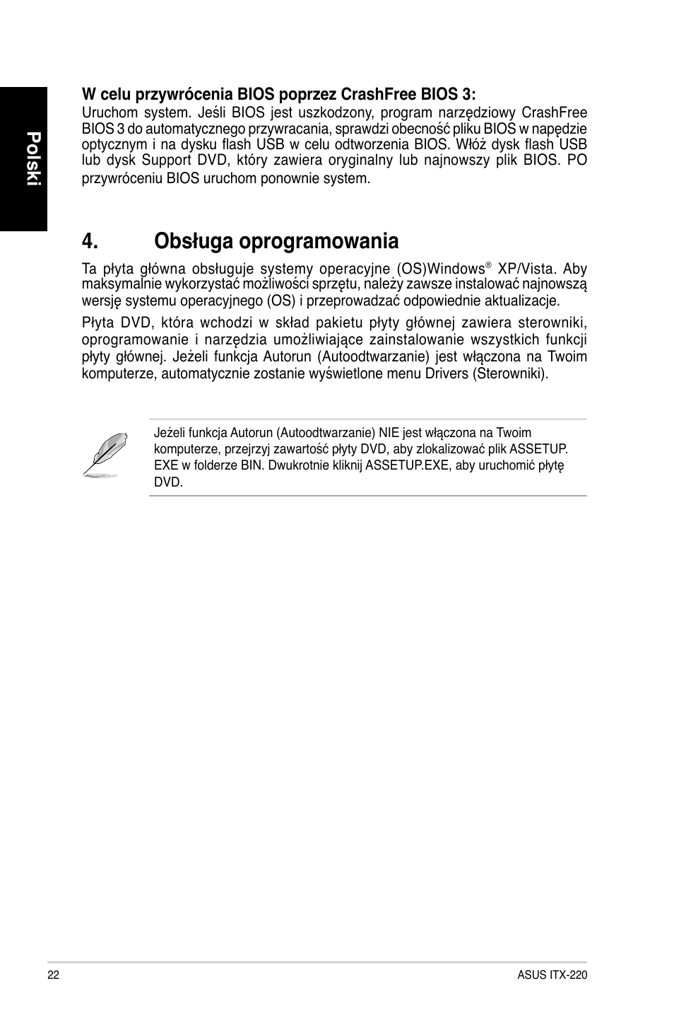 Obsługa oprogramowania, Polski | Asus ITX-220 User Manual | Page 22 / 38