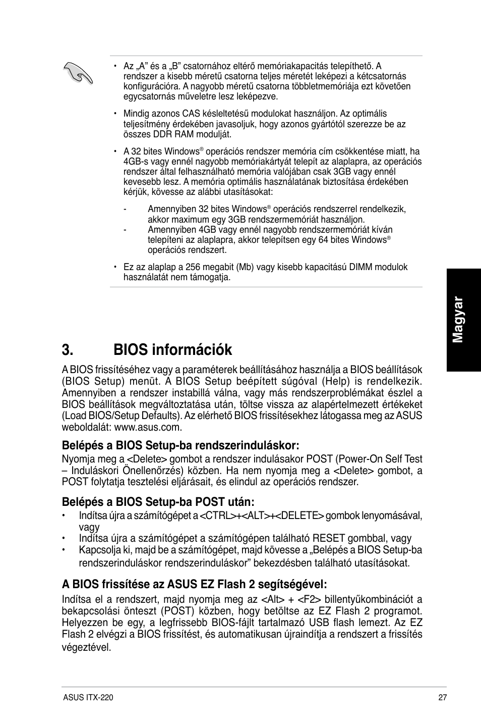 Bios információk, Magyar, Belépés a bios setup-ba rendszerinduláskor | Belépés a bios setup-ba post után, A bios frissítése az asus ez flash 2 segítségével | Asus ITX-220 User Manual | Page 27 / 38