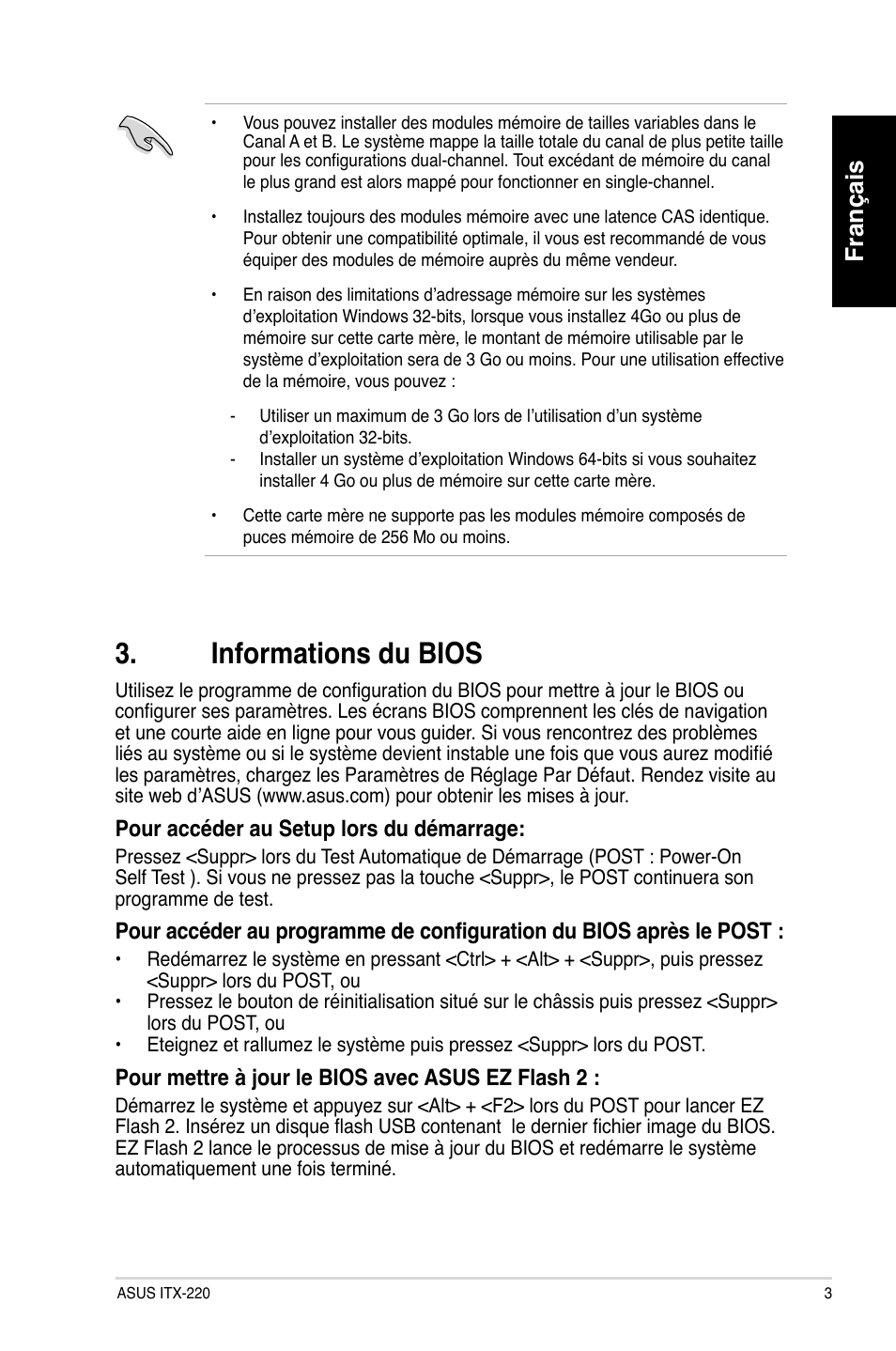 Informations du bios, Français | Asus ITX-220 User Manual | Page 3 / 38