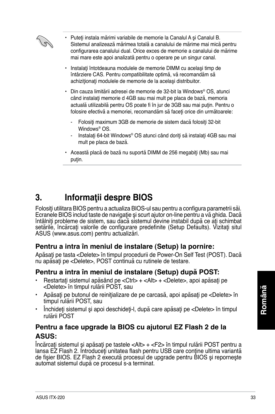 Informaţii despre bios, Română | Asus ITX-220 User Manual | Page 33 / 38