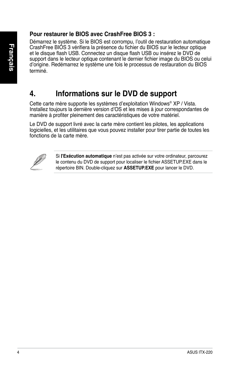 Informations sur le dvd de support, Français | Asus ITX-220 User Manual | Page 4 / 38