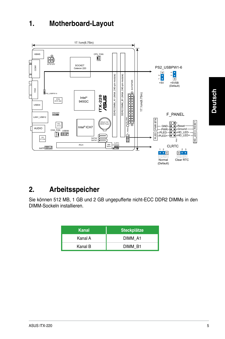 Motherboard-layout, Arbeitsspeicher, Deutsch | Kanal steckplätze kanal a dimm_a1 kanal b dimm_b1, F_panel, Asus itx-220, Itx-220, Ps2_usbpw1-6 | Asus ITX-220 User Manual | Page 5 / 38