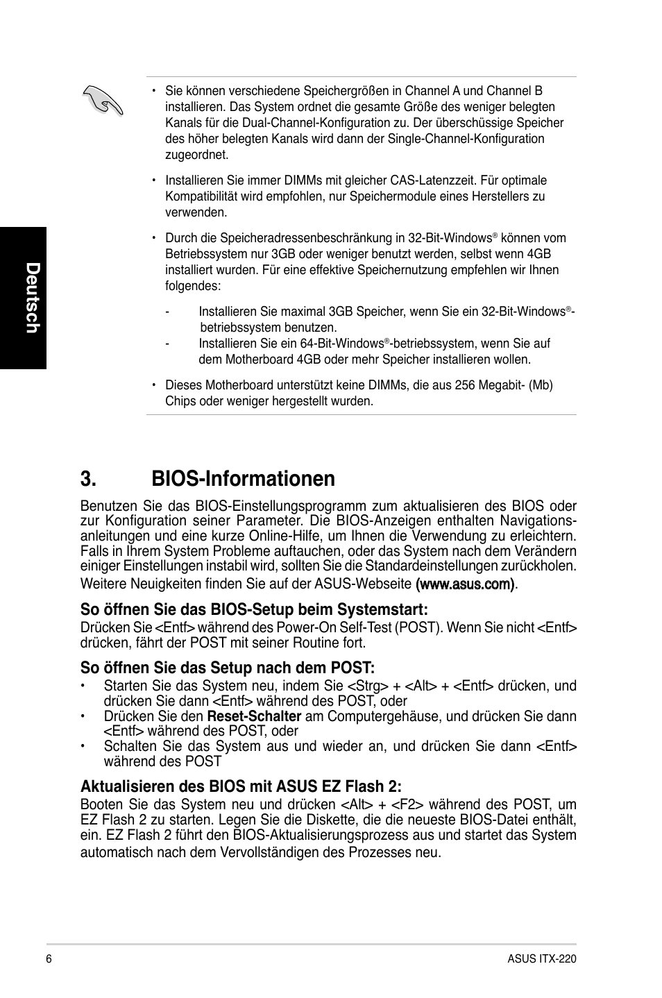 Bios-informationen, Deutsch, So öffnen sie das bios-setup beim systemstart | So öffnen sie das setup nach dem post, Aktualisieren des bios mit asus ez flash 2 | Asus ITX-220 User Manual | Page 6 / 38