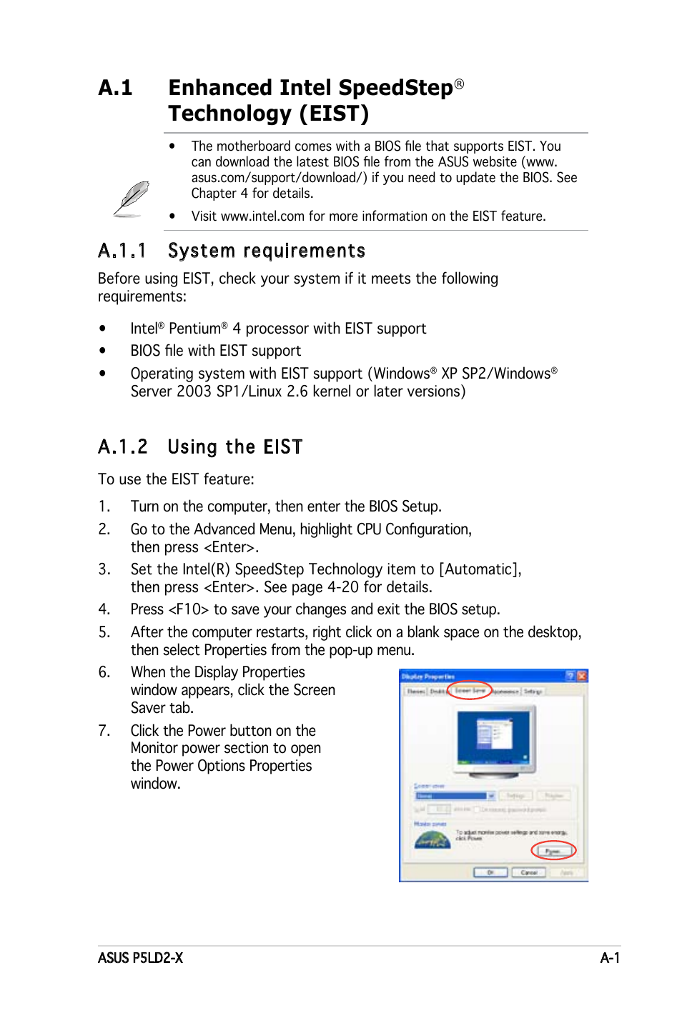 A.1 enhanced intel speedstep, Technology (eist), A.1.1 system requirements | A.1.2 using the eist | Asus P5LD2-X User Manual | Page 109 / 110