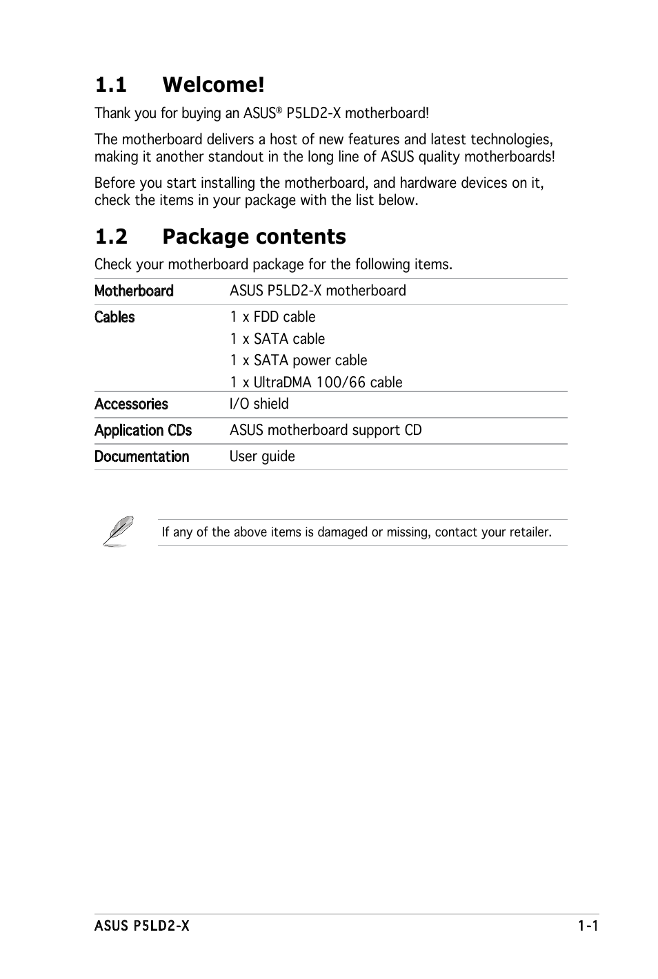 1 welcome, 2 package contents | Asus P5LD2-X User Manual | Page 15 / 110