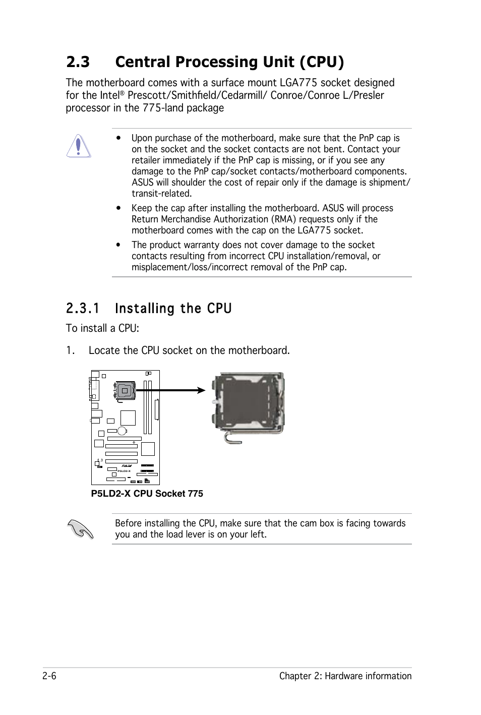 3 central processing unit (cpu), 1 installing the cpu | Asus P5LD2-X User Manual | Page 28 / 110