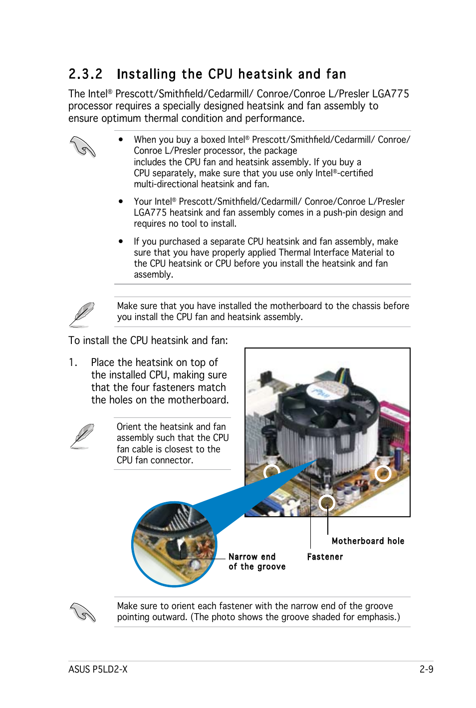 2 installing the cpu heatsink and fan | Asus P5LD2-X User Manual | Page 31 / 110