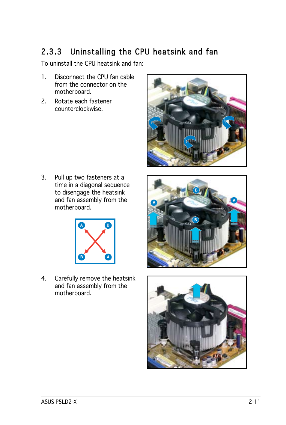 3 uninstalling the cpu heatsink and fan | Asus P5LD2-X User Manual | Page 33 / 110