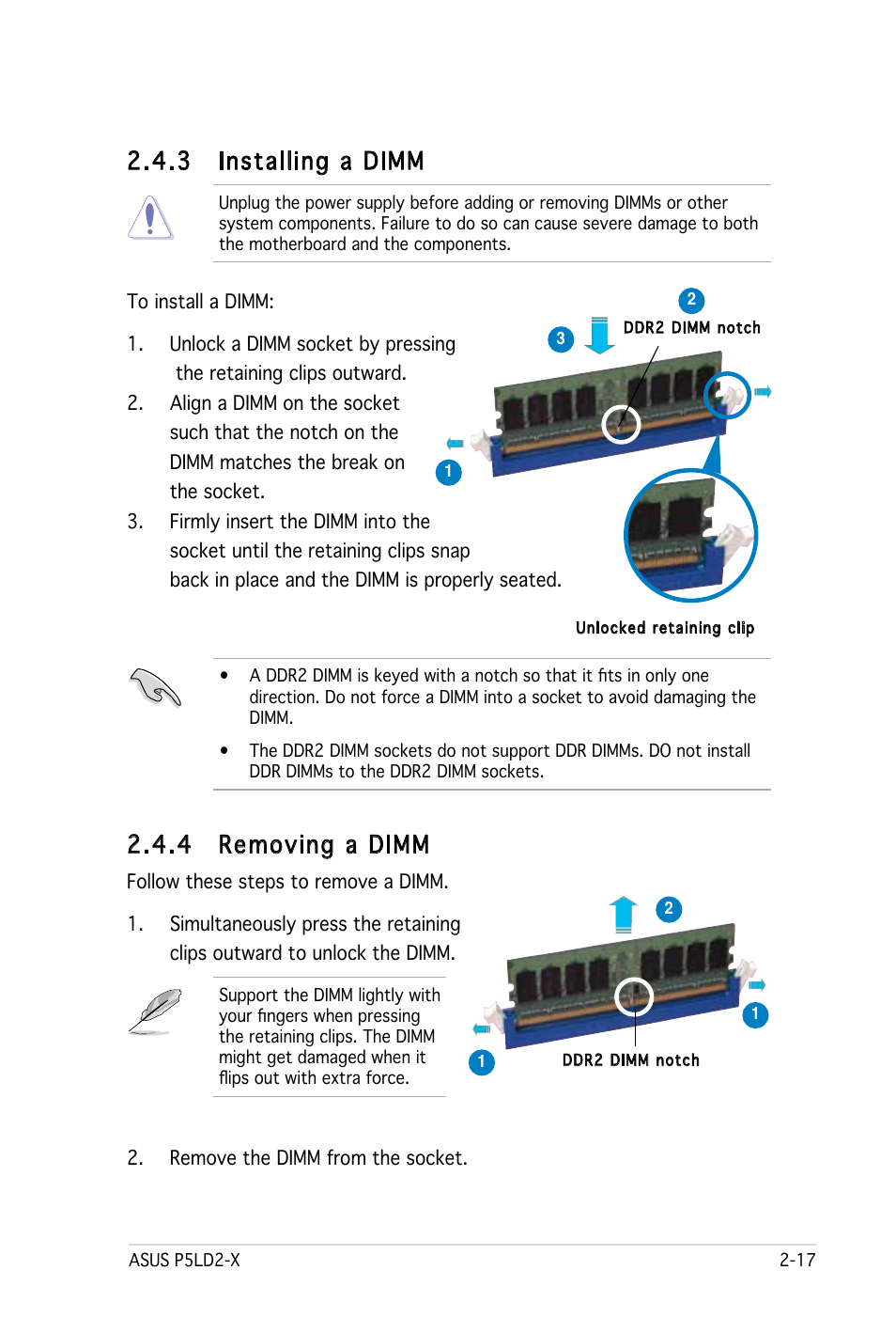 3 installing a dimm, 4 removing a dimm | Asus P5LD2-X User Manual | Page 39 / 110