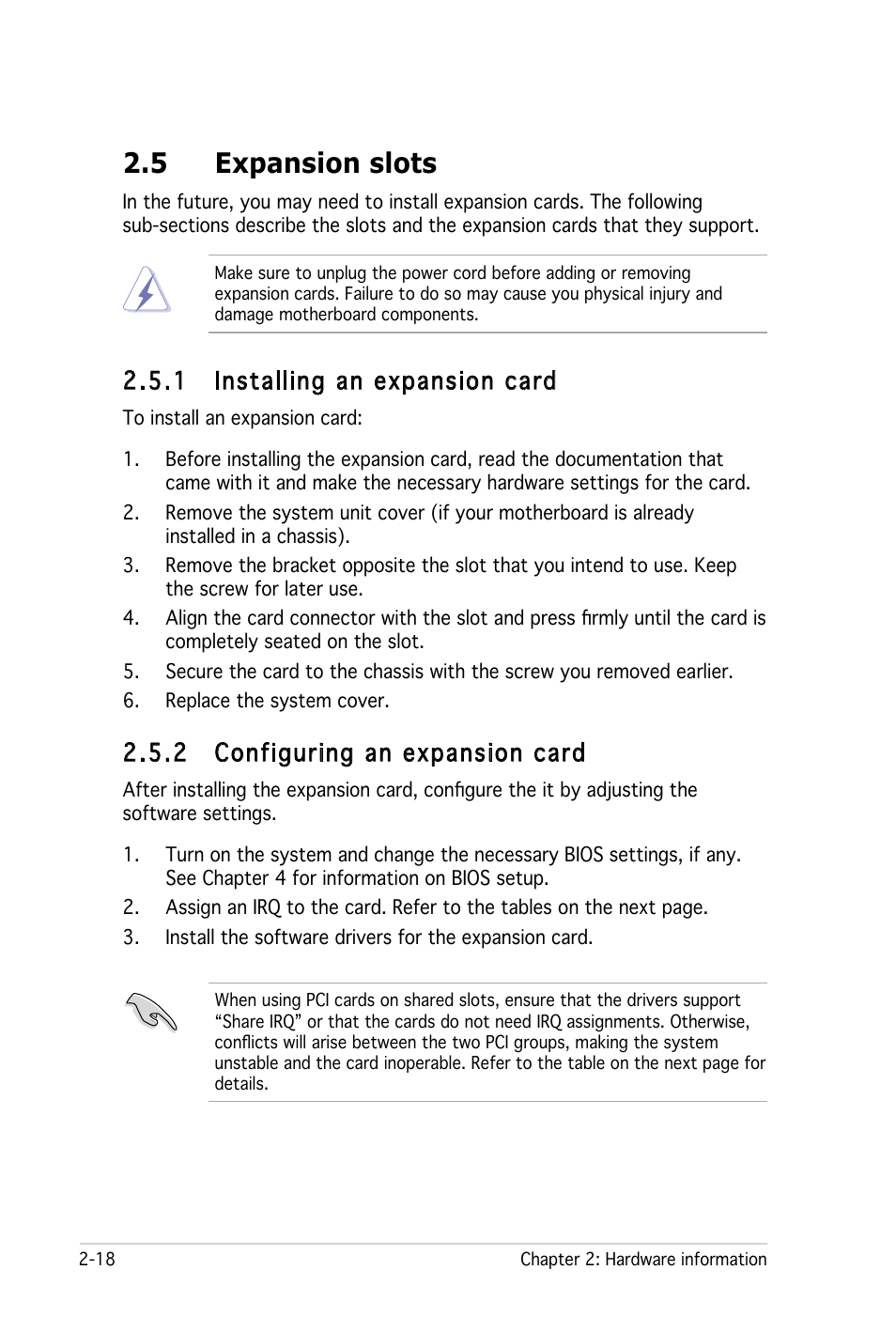 5 expansion slots, 1 installing an expansion card, 2 configuring an expansion card | Asus P5LD2-X User Manual | Page 40 / 110