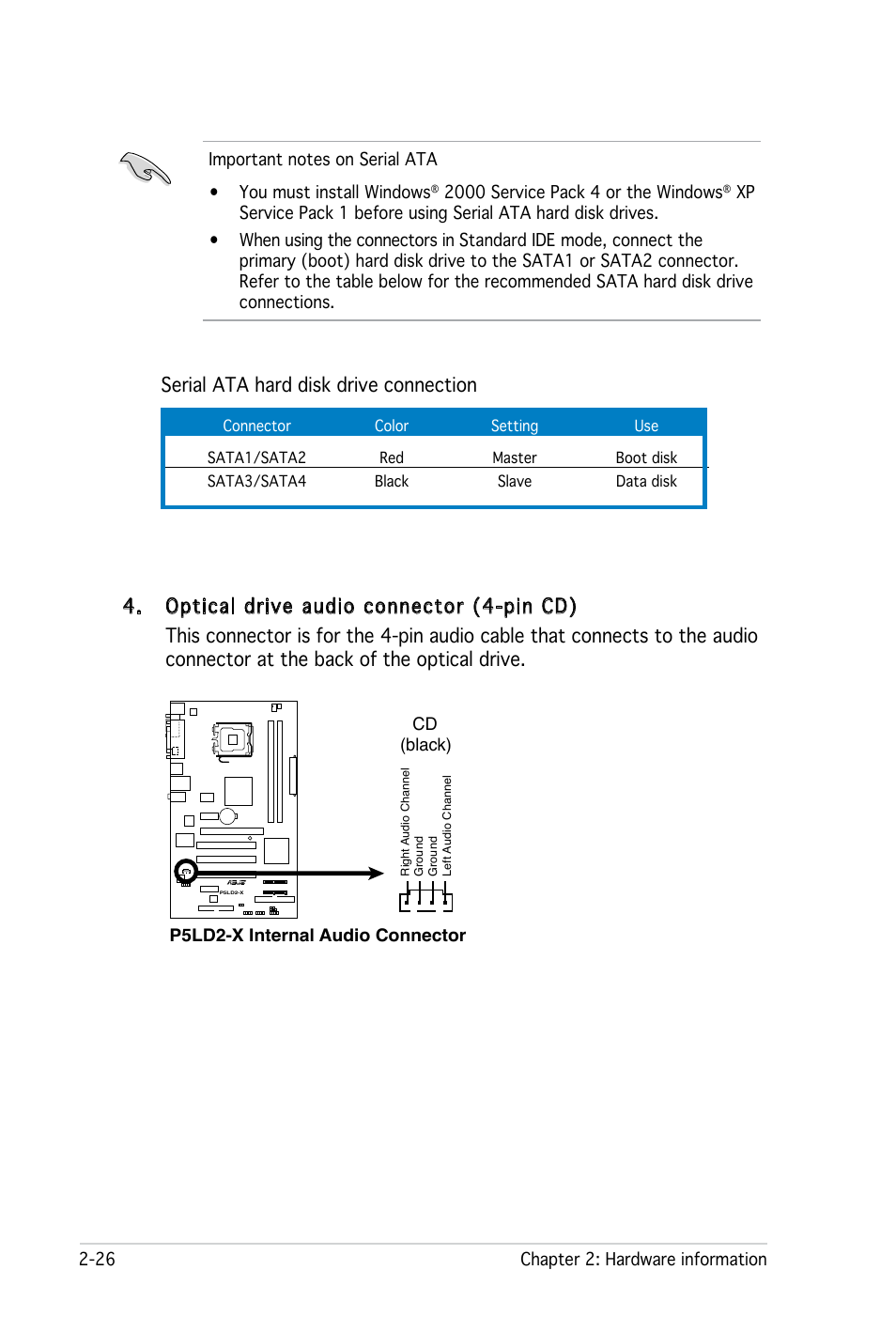 Serial ata hard disk drive connection | Asus P5LD2-X User Manual | Page 48 / 110