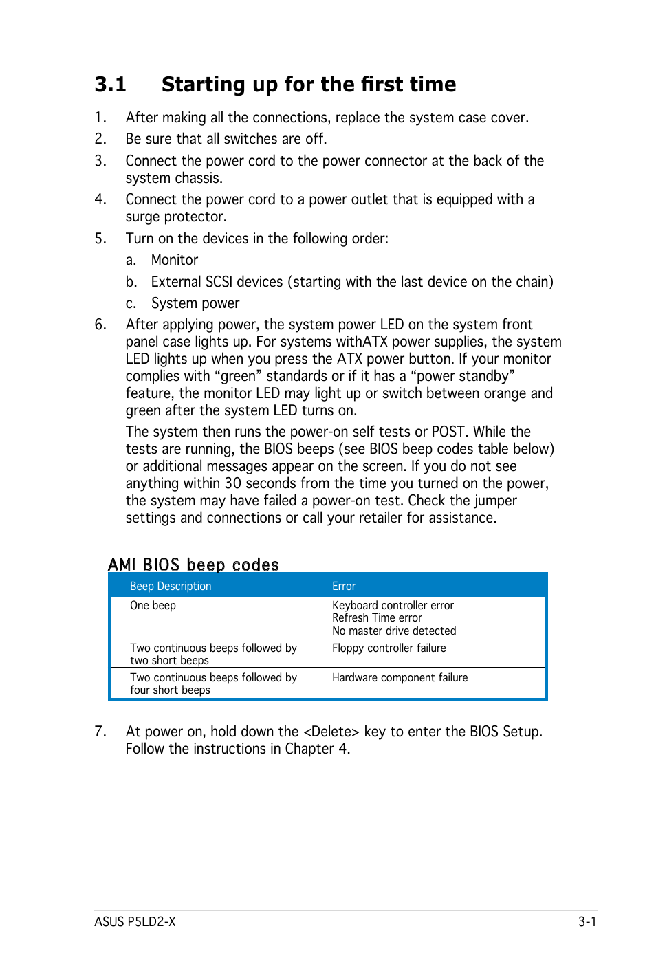 1 starting up for the first time, Ami bios beep codes | Asus P5LD2-X User Manual | Page 55 / 110