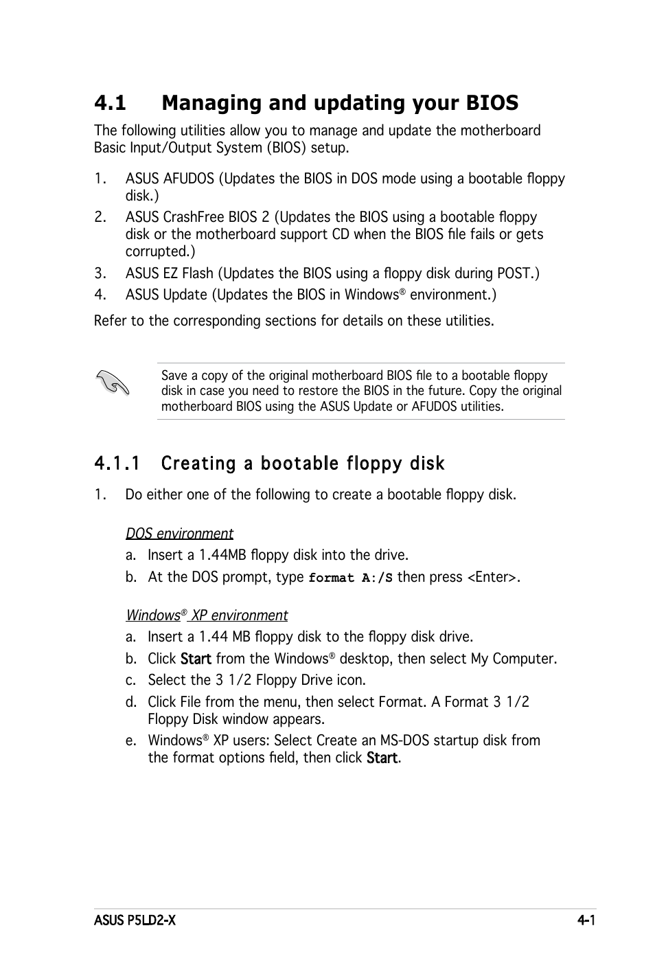 1 managing and updating your bios, 1 creating a bootable floppy disk | Asus P5LD2-X User Manual | Page 59 / 110