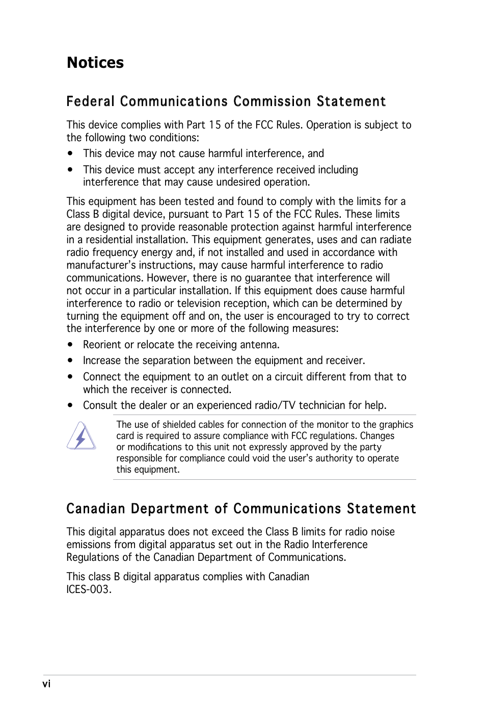 Notices, Federal communications commission statement, Canadian department of communications statement | Asus P5LD2-X User Manual | Page 6 / 110