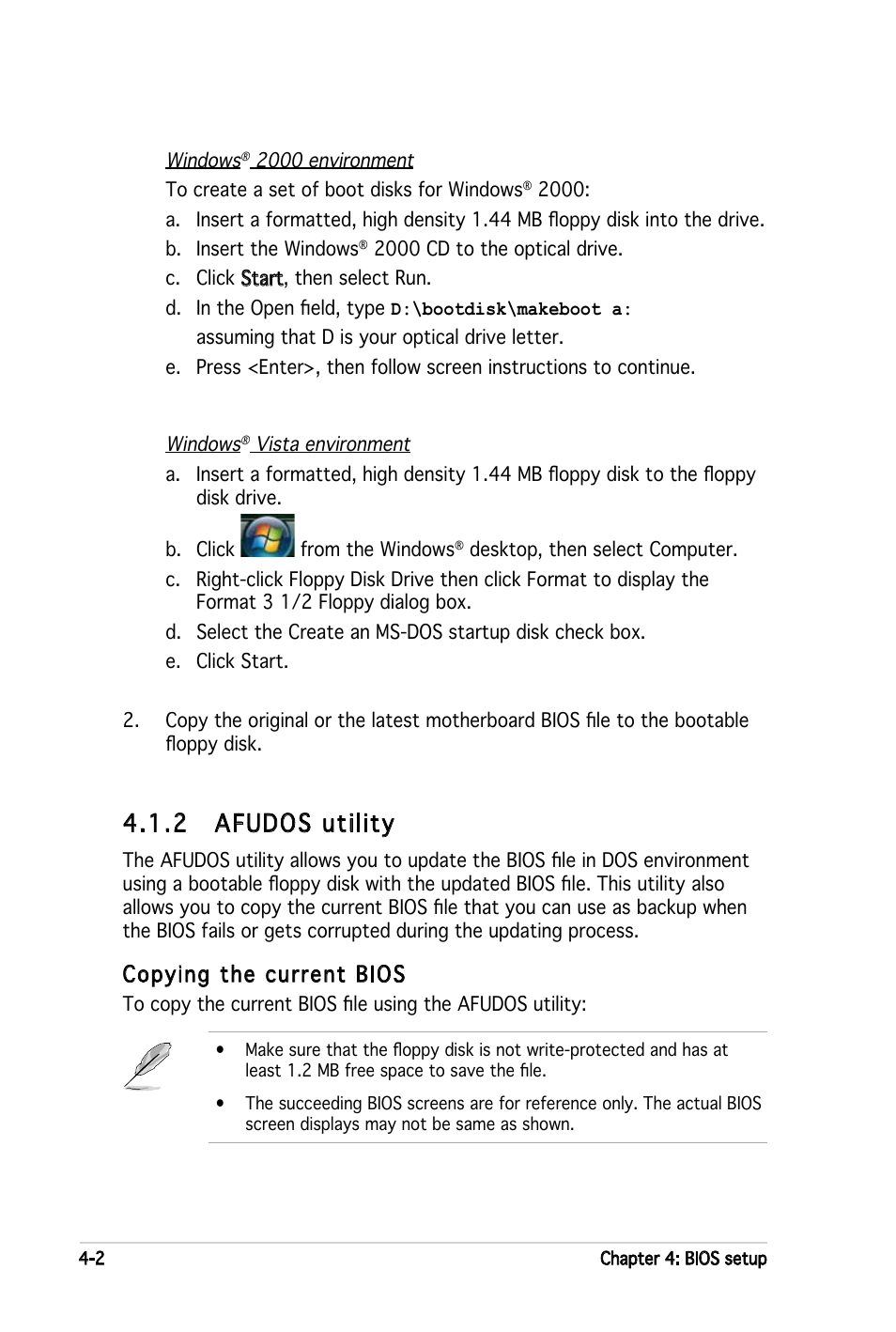 2 afudos utility, Copying the current bios | Asus P5LD2-X User Manual | Page 60 / 110