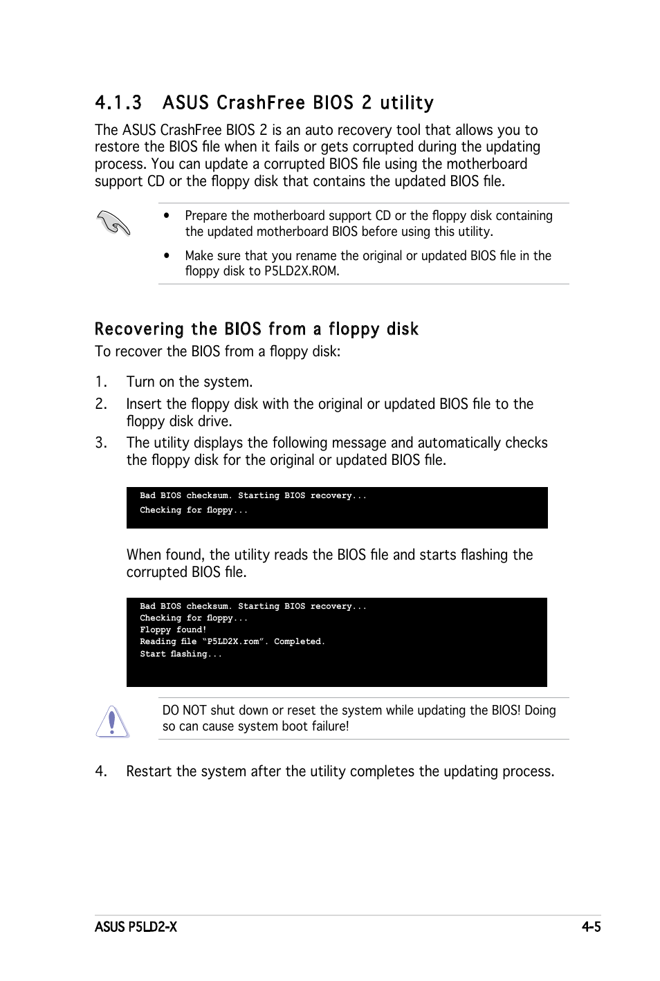 3 asus crashfree bios 2 utility, Recovering the bios from a floppy disk | Asus P5LD2-X User Manual | Page 63 / 110