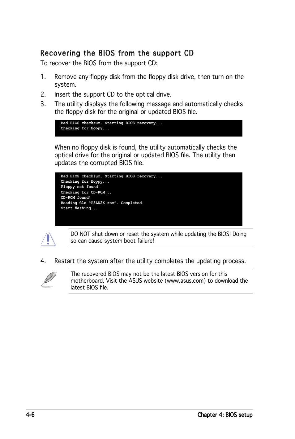 Recovering the bios from the support cd | Asus P5LD2-X User Manual | Page 64 / 110