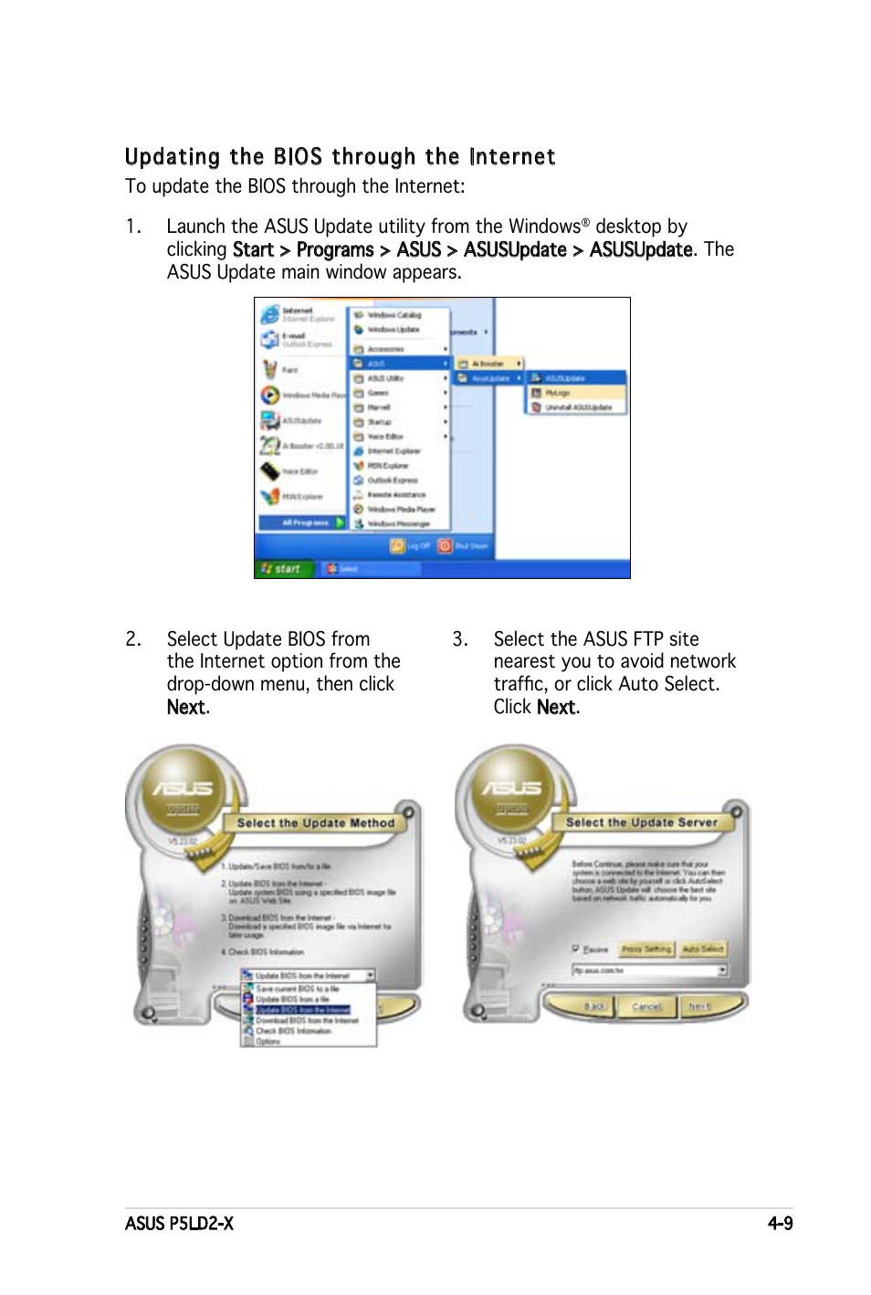 Updating the bios through the internet | Asus P5LD2-X User Manual | Page 67 / 110