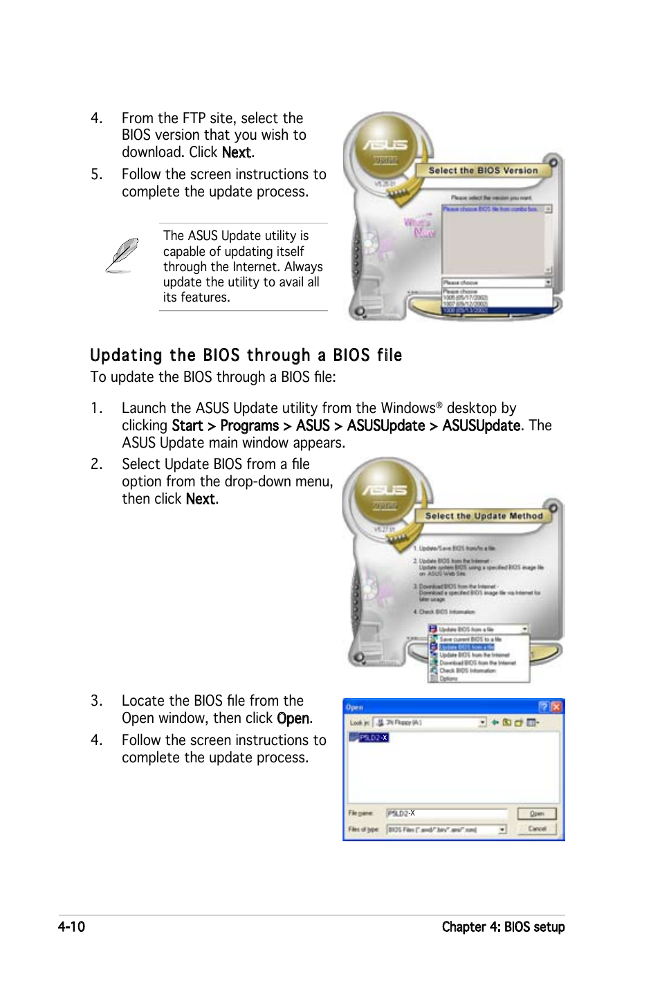 Updating the bios through a bios file | Asus P5LD2-X User Manual | Page 68 / 110