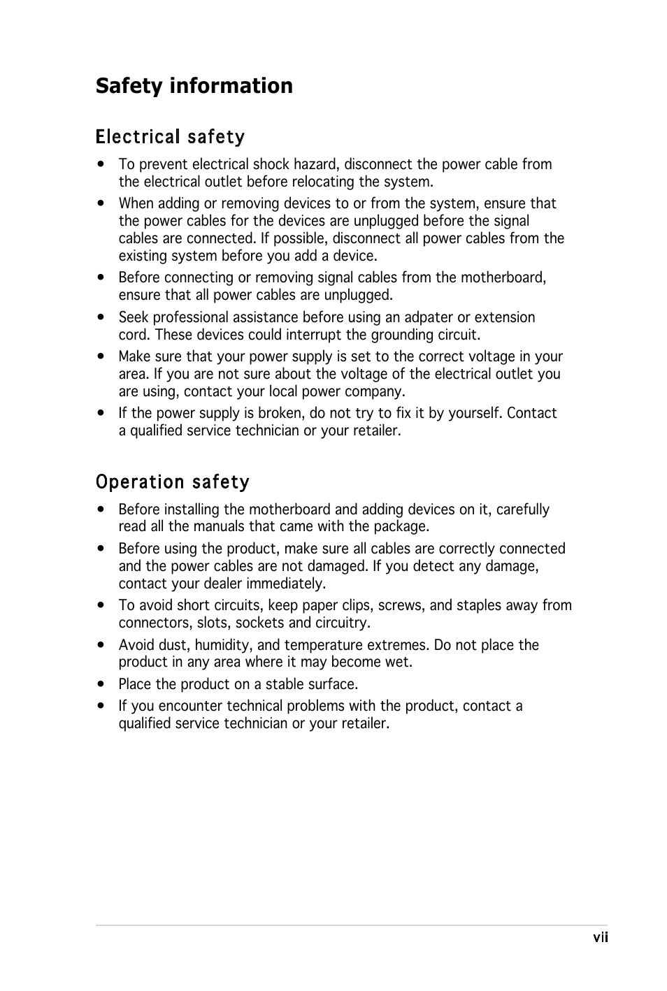 Safety information, Electrical safety, Operation safety | Asus P5LD2-X User Manual | Page 7 / 110