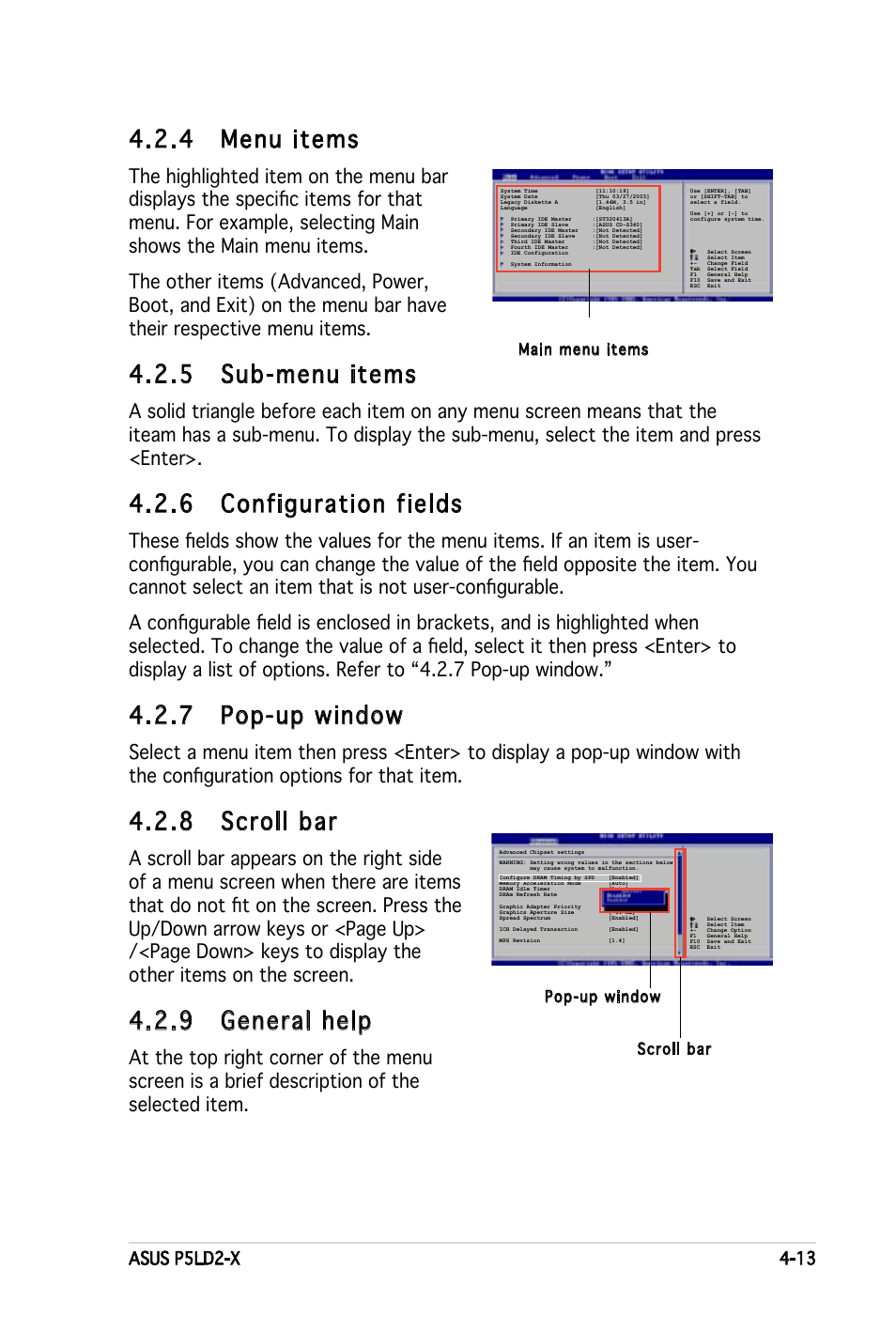 4 menu items, 5 sub-menu items, 6 configuration fields | 7 pop-up window, 8 scroll bar, 9 general help | Asus P5LD2-X User Manual | Page 71 / 110