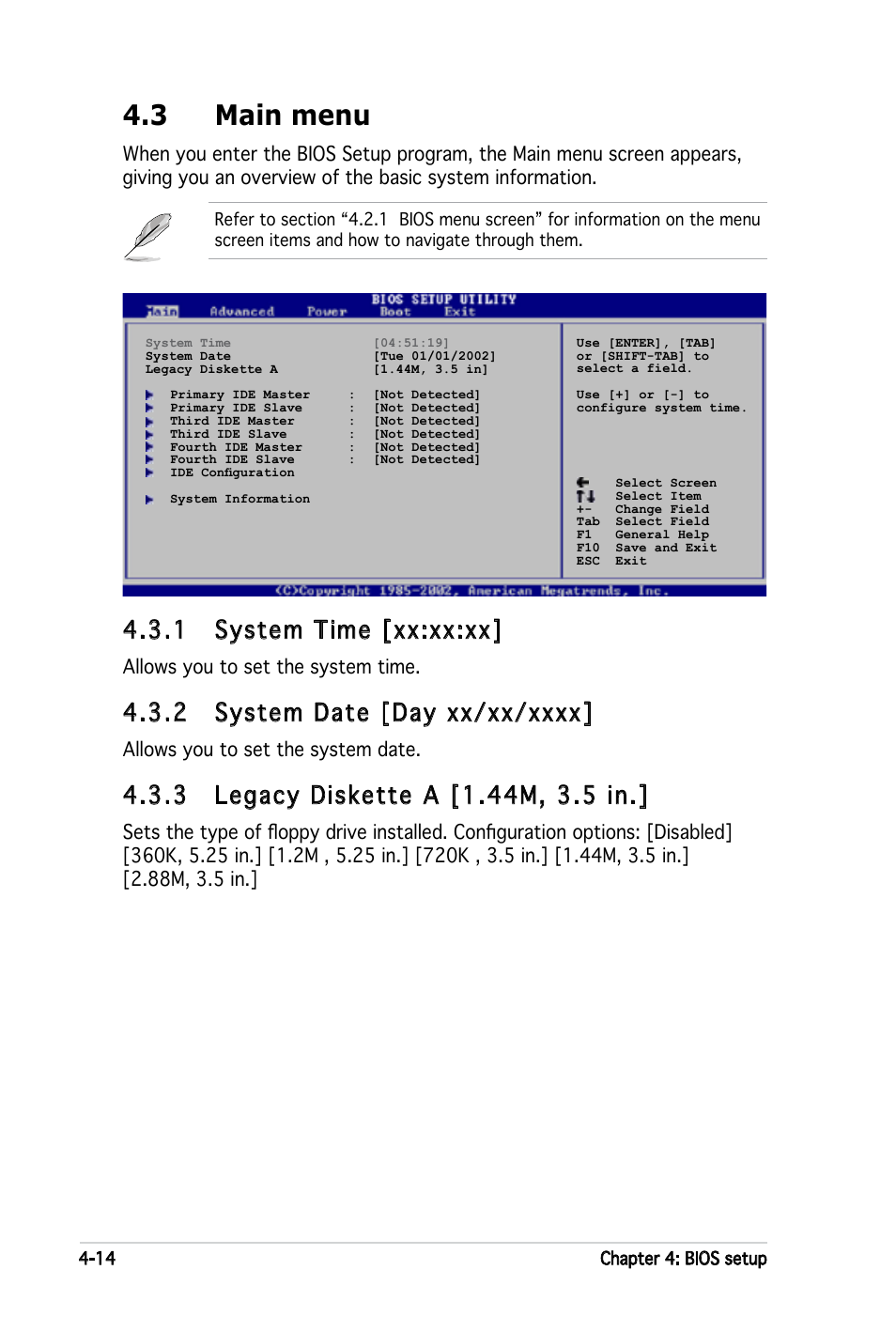 3 main menu, 1 system time [xx:xx:xx, Allows you to set the system time | Allows you to set the system date | Asus P5LD2-X User Manual | Page 72 / 110