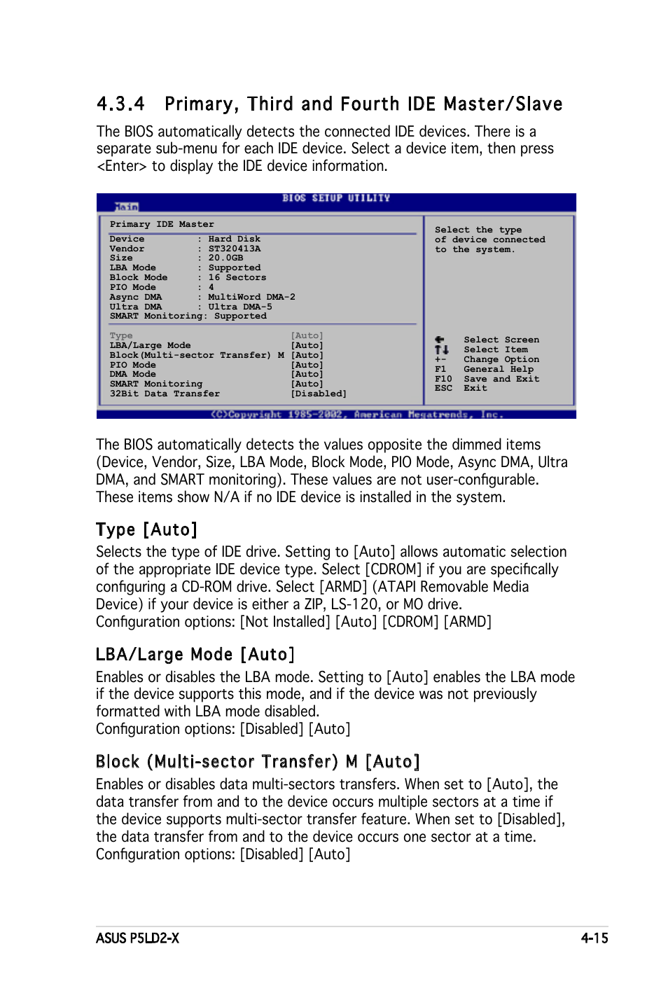 4 primary, third and fourth ide master/slave, Type [auto, Lba/large mode [auto | Block (multi-sector transfer) m [auto | Asus P5LD2-X User Manual | Page 73 / 110