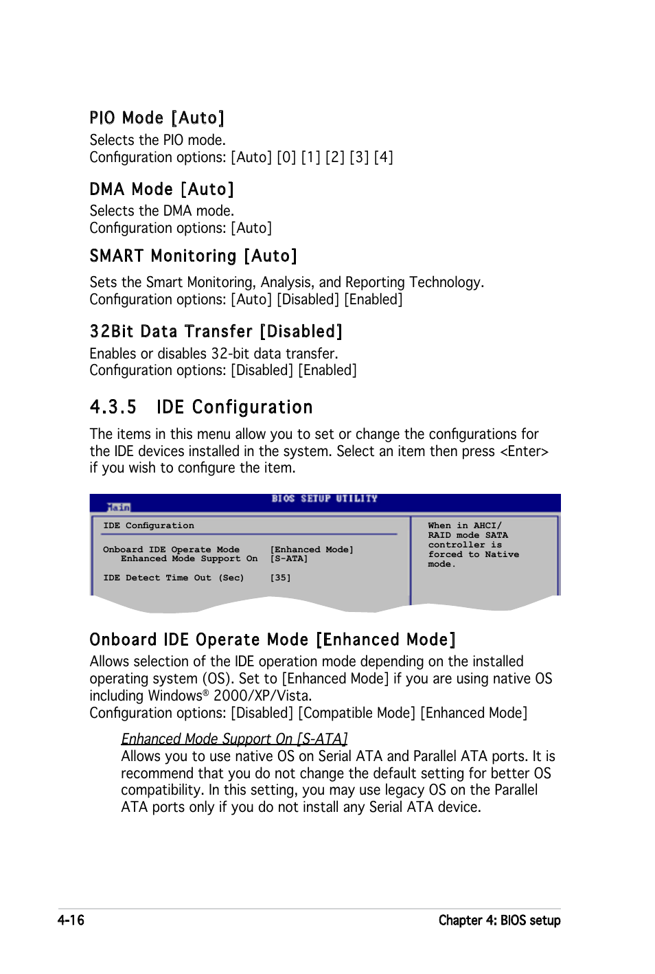 5 ide configuration, Onboard ide operate mode [enhanced mode, Pio mode [auto | Dma mode [auto, Smart monitoring [auto, 32bit data transfer [disabled | Asus P5LD2-X User Manual | Page 74 / 110