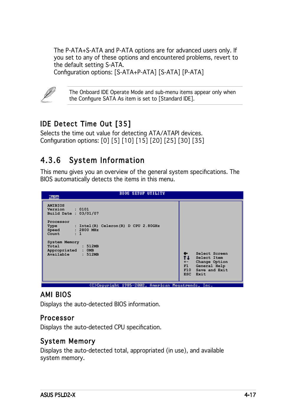 6 system information, Ide detect time out [35, Ami bios | Processor | Asus P5LD2-X User Manual | Page 75 / 110