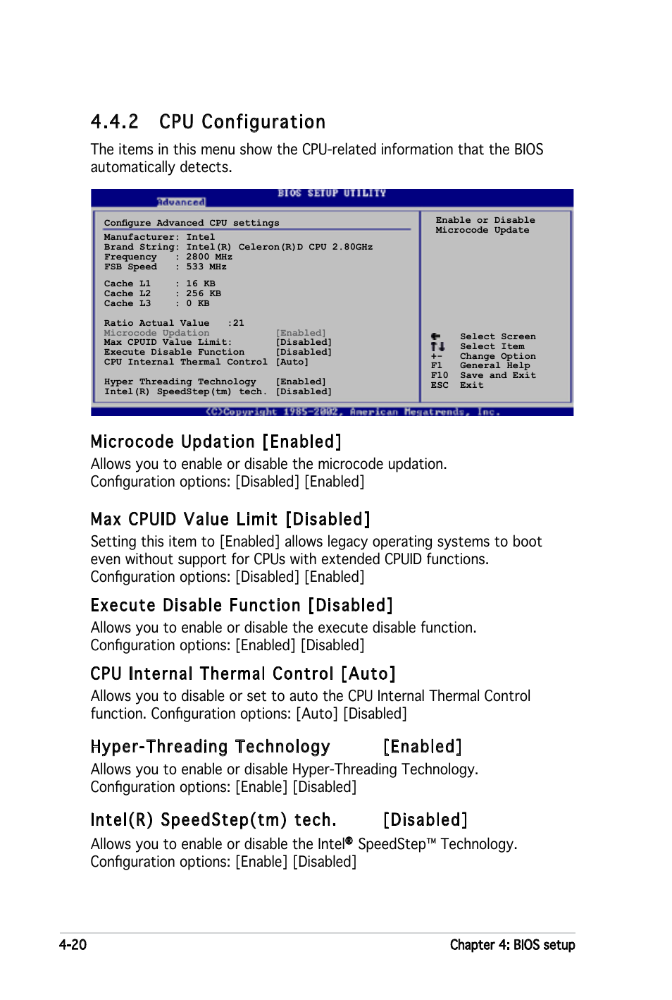 2 cpu configuration, Microcode updation [enabled, Max cpuid value limit [disabled | Execute disable function [disabled, Cpu internal thermal control [auto, Hyper-threading technology [enabled, Intel(r) speedstep(tm) tech. [disabled | Asus P5LD2-X User Manual | Page 78 / 110