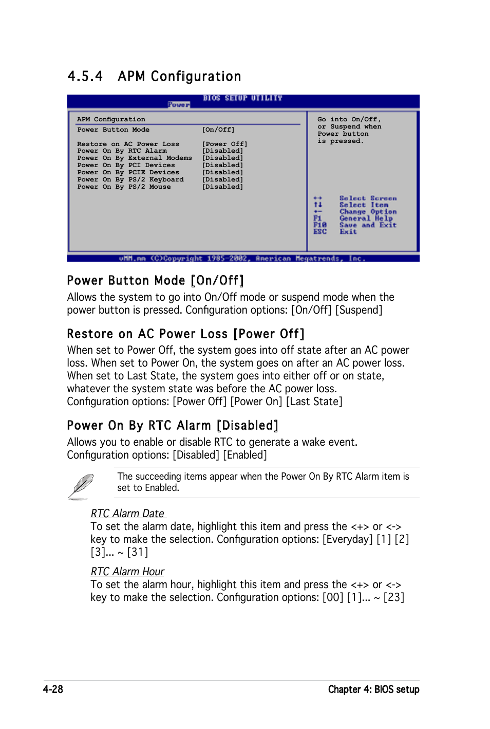 4 apm configuration, Power button mode [on/off, Restore on ac power loss [power off | Power on by rtc alarm [disabled, Rtc alarm date, Rtc alarm hour | Asus P5LD2-X User Manual | Page 86 / 110