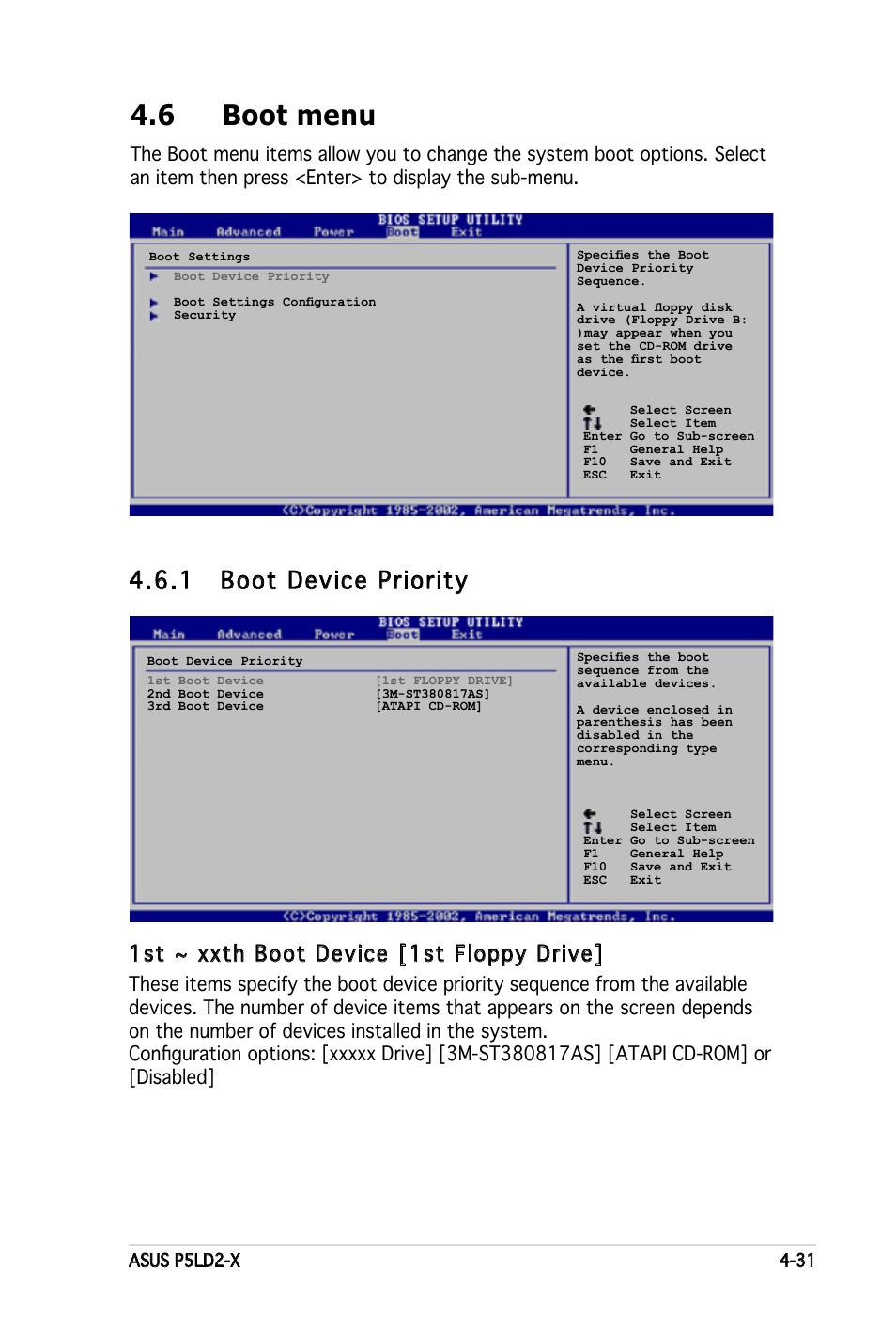 6 boot menu, 1 boot device priority, 1st ~ xxth boot device [1st floppy drive | Asus P5LD2-X User Manual | Page 89 / 110