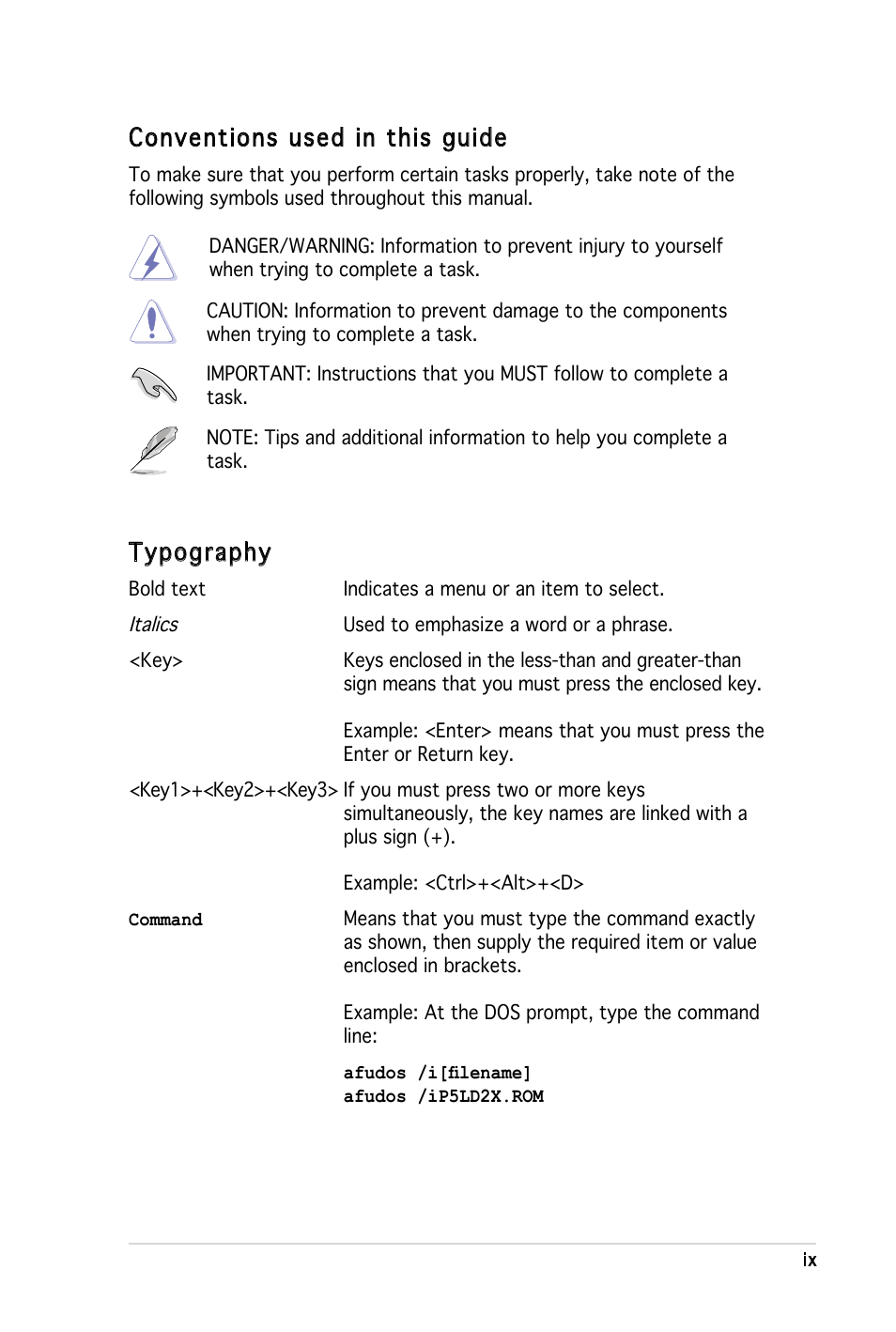 Conventions used in this guide, Typography | Asus P5LD2-X User Manual | Page 9 / 110