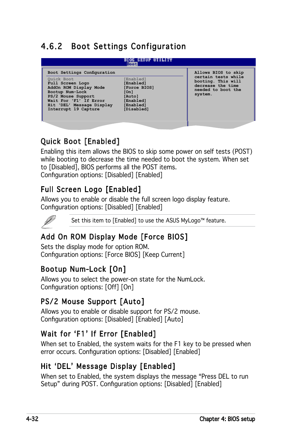 2 boot settings configuration, Quick boot [enabled, Full screen logo [enabled | Add on rom display mode [force bios, Bootup num-lock [on, Ps/2 mouse support [auto, Wait for ‘f1’ if error [enabled, Hit ‘del’ message display [enabled | Asus P5LD2-X User Manual | Page 90 / 110