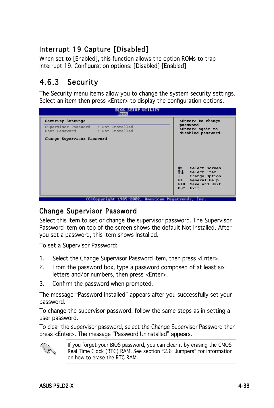 3 security, Interrupt 19 capture [disabled, Change supervisor password | Asus P5LD2-X User Manual | Page 91 / 110