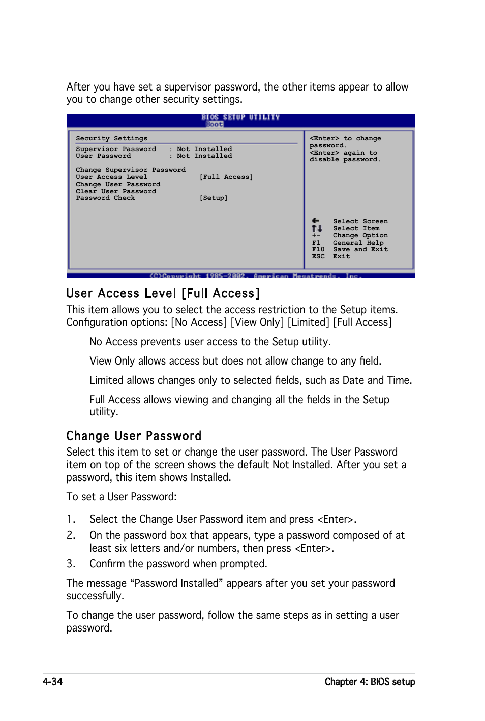 User access level [full access, Change user password | Asus P5LD2-X User Manual | Page 92 / 110