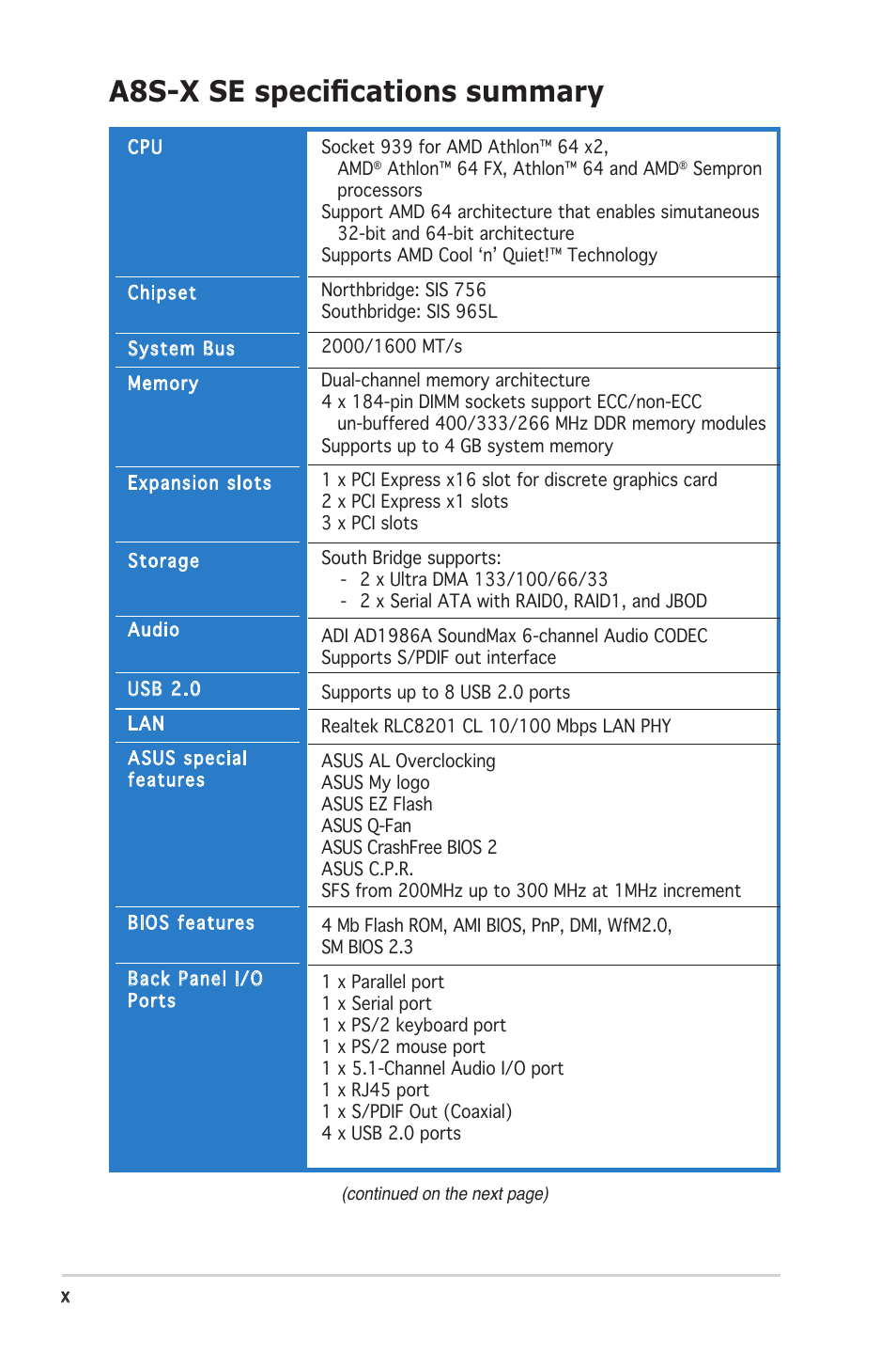 A8s-x se speciﬁcations summary | Asus A8S-X User Manual | Page 10 / 78