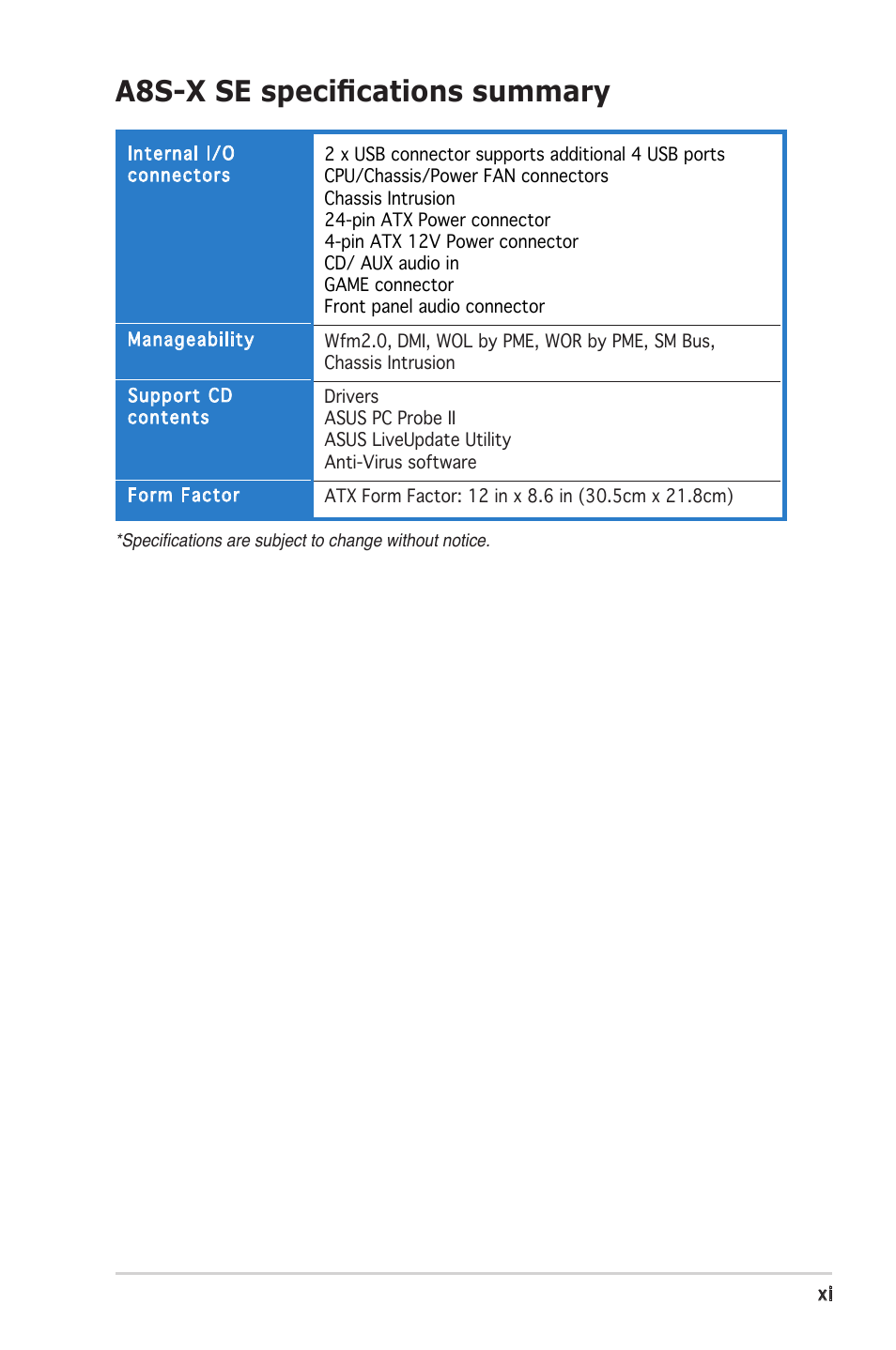 A8s-x se speciﬁcations summary | Asus A8S-X User Manual | Page 11 / 78