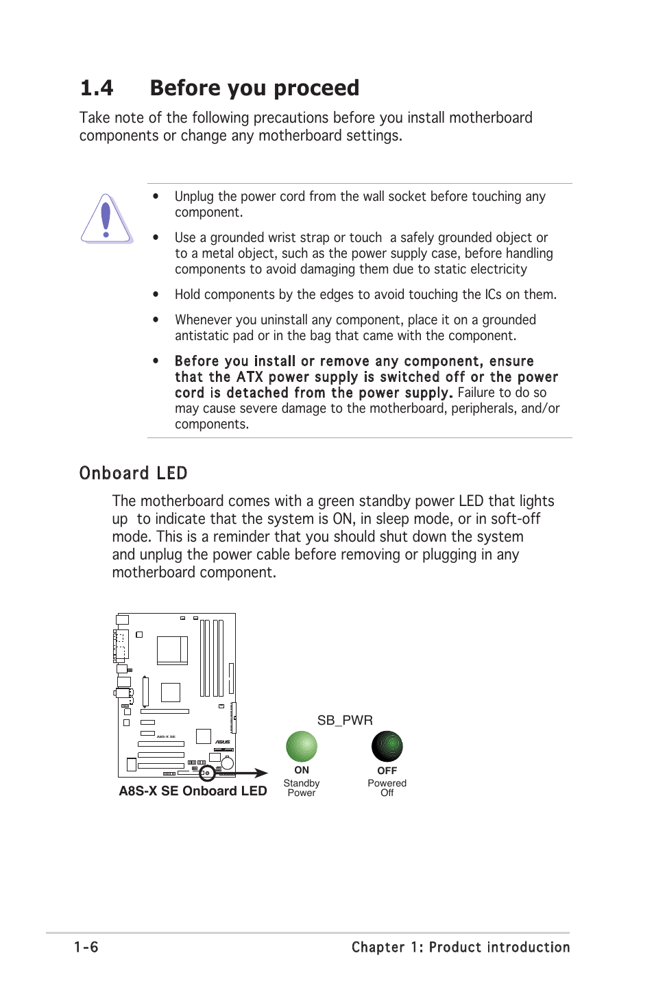 4 before you proceed, Onboard led | Asus A8S-X User Manual | Page 18 / 78