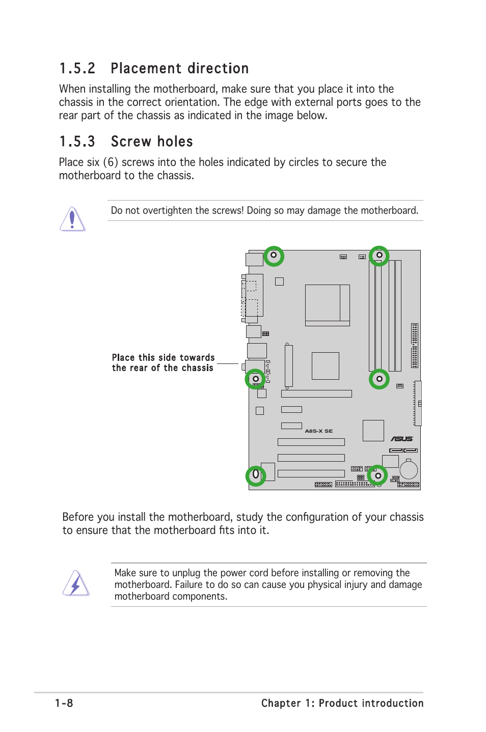 2 placement direction, 3 screw holes | Asus A8S-X User Manual | Page 20 / 78