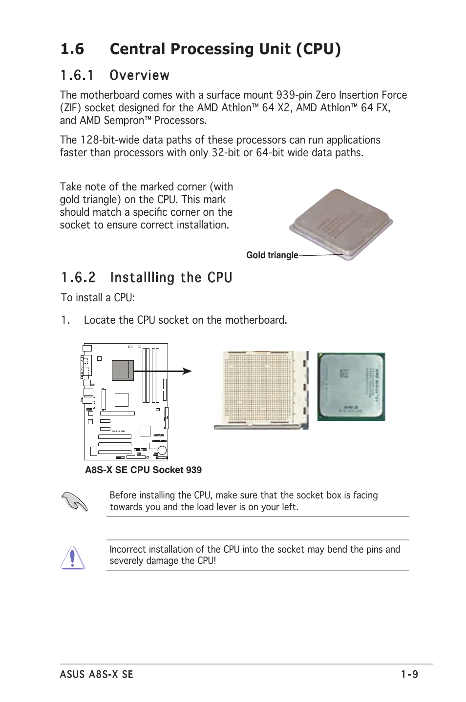 6 central processing unit (cpu), 1 overview, 2 installling the cpu | Asus A8S-X User Manual | Page 21 / 78