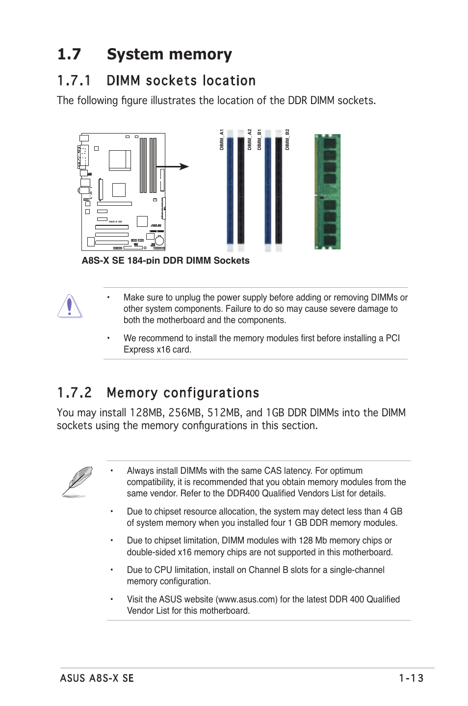 1 dimm sockets location, Asus a8s-x se 1-13, A8s-x se 184-pin ddr dimm sockets | Asus A8S-X User Manual | Page 25 / 78