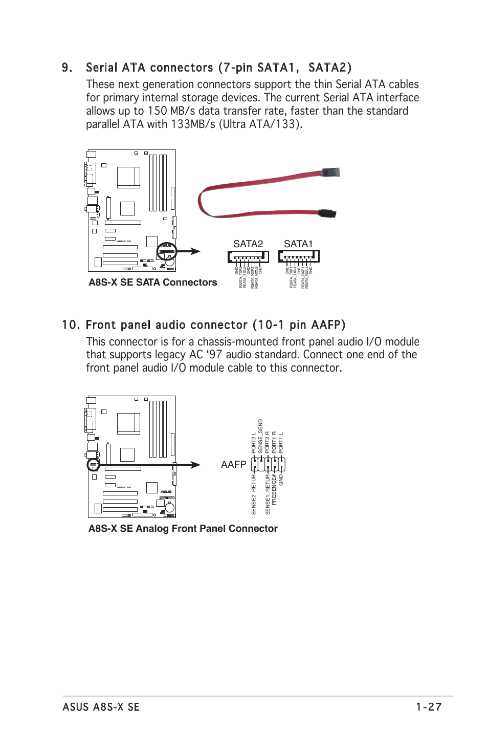 Asus a8s-x se 1-27, A8s-x se sata connectors sata2, Sata1 | Aafp, A8s-x se analog front panel connector | Asus A8S-X User Manual | Page 39 / 78