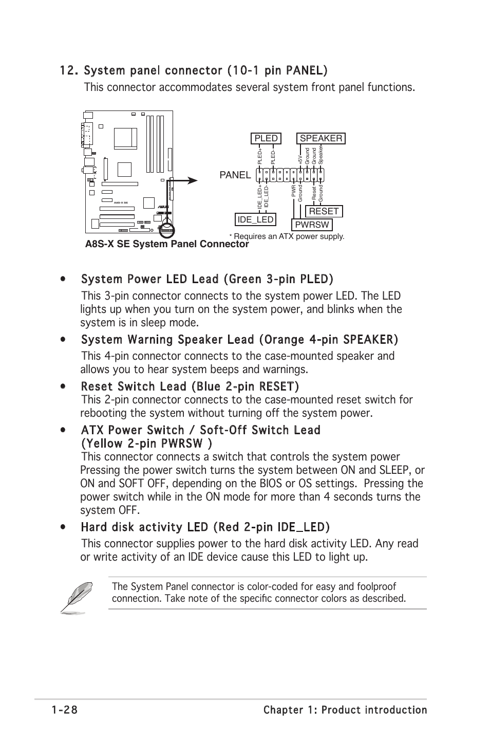A8s-x se system panel connector, Panel | Asus A8S-X User Manual | Page 40 / 78