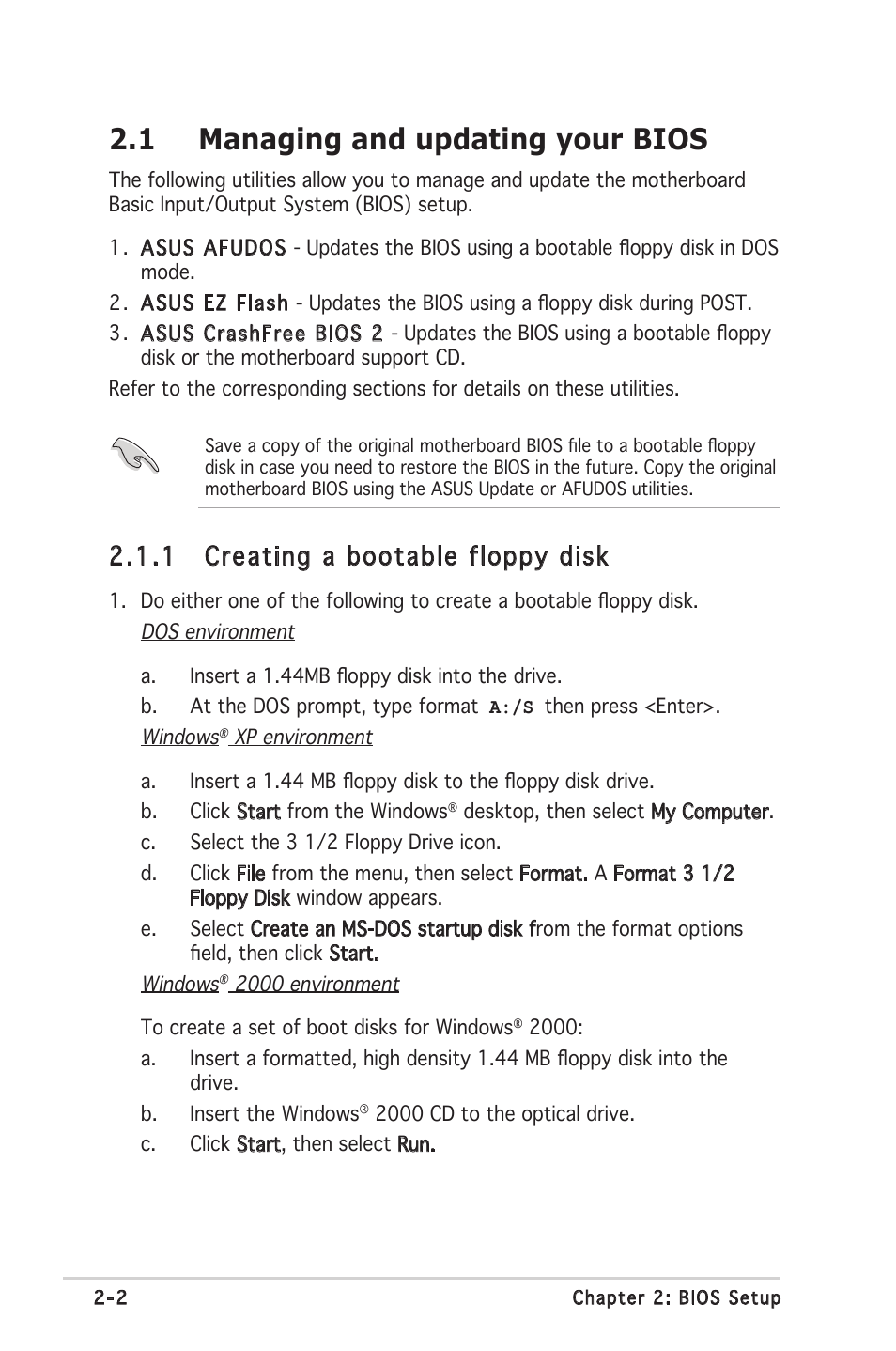 1 managing and updating your bios, 1 creating a bootable floppy disk | Asus A8S-X User Manual | Page 42 / 78