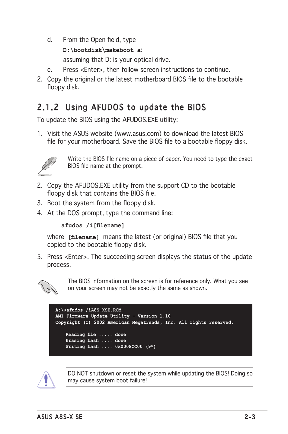 2 using afudos to update the bios | Asus A8S-X User Manual | Page 43 / 78